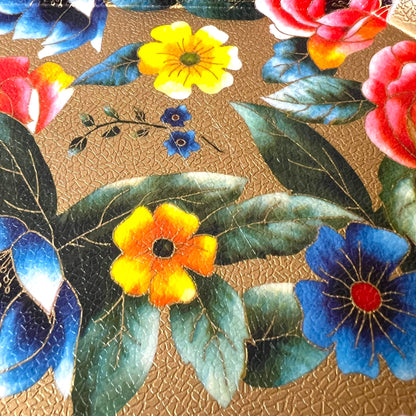 Floral Gold-Toned Metal Serving Tray - Vibrant Flower Pattern, Octagonal Shape