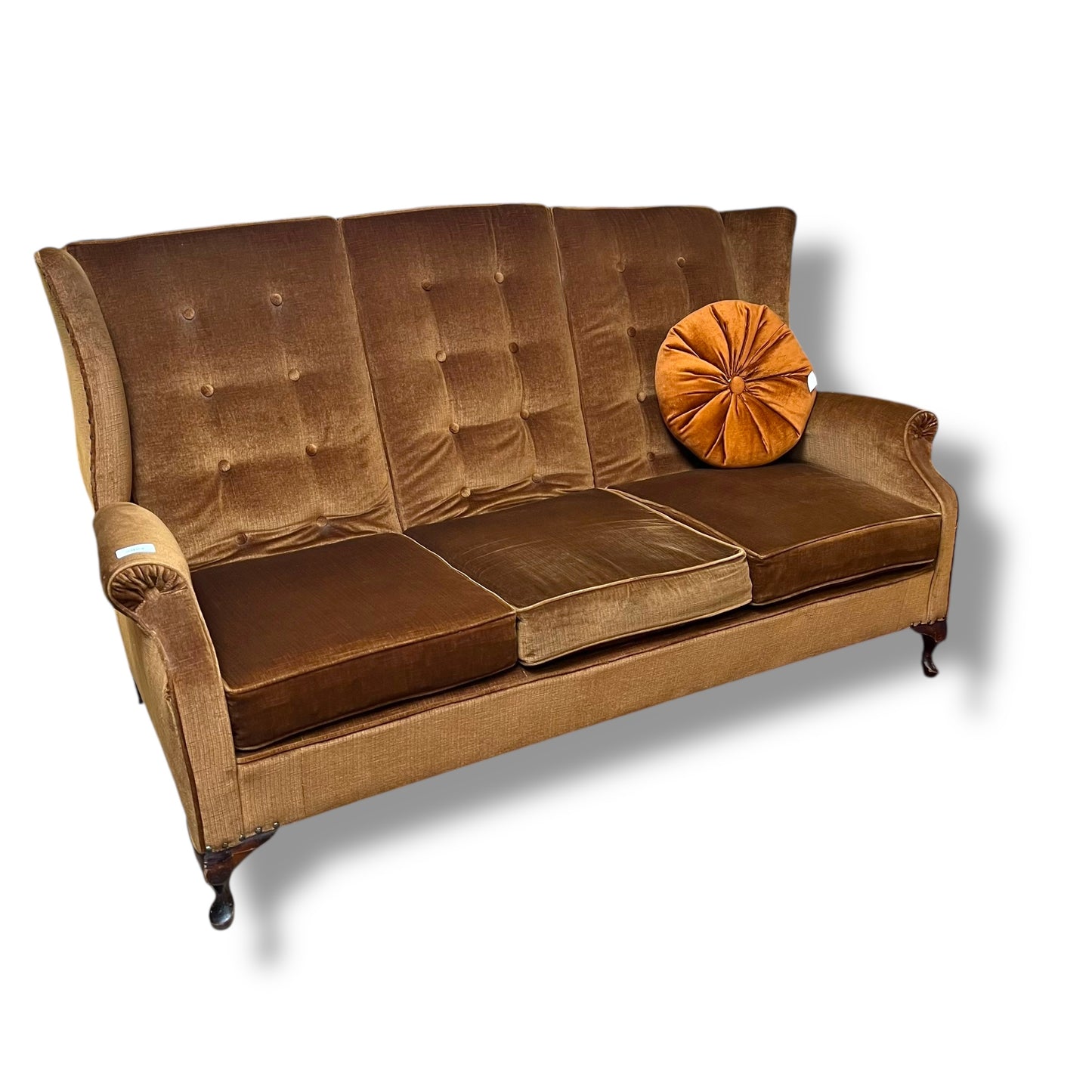Golden Brown Velvet 3-Seater Sofa with Button Back