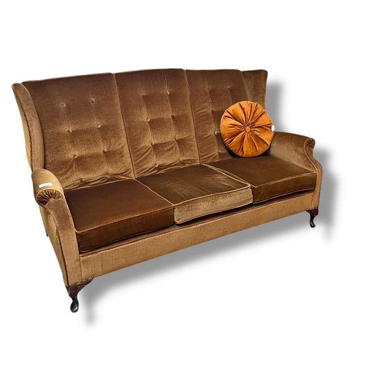 Golden Brown Velvet 3-Seater Sofa with Button Back