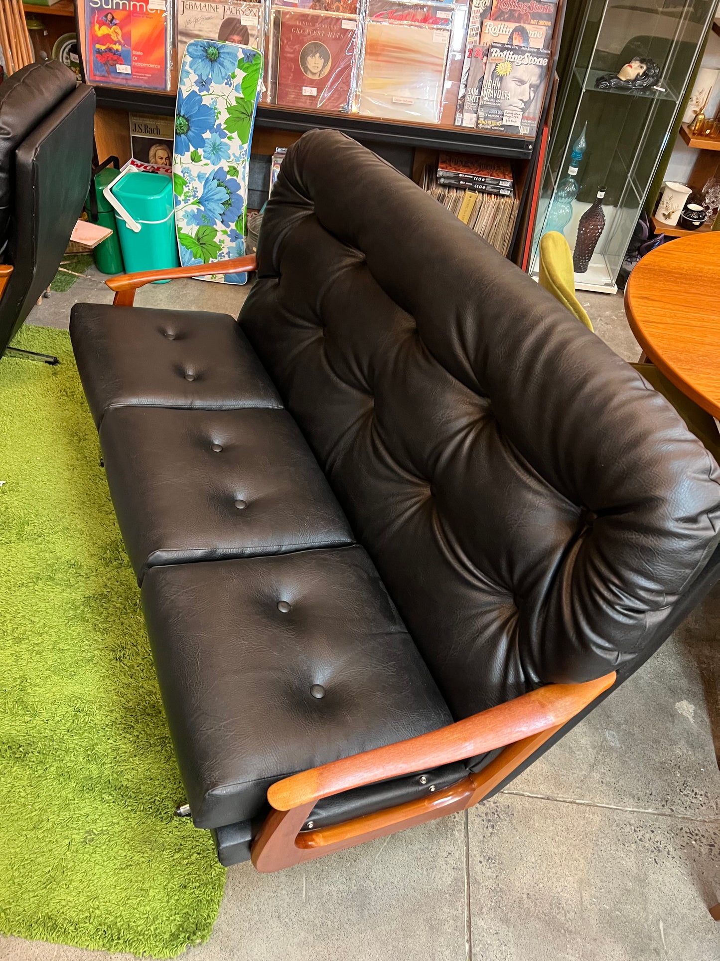 Black Vinyl 3-Seater Lounge with Timber Arms