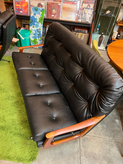 Black Vinyl 3-Seater Lounge with Timber Arms