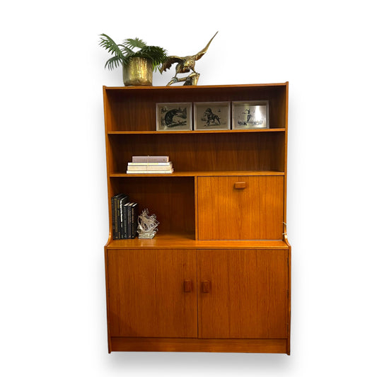 Mid-Century Teak Display Cabinet with pull down Bar section