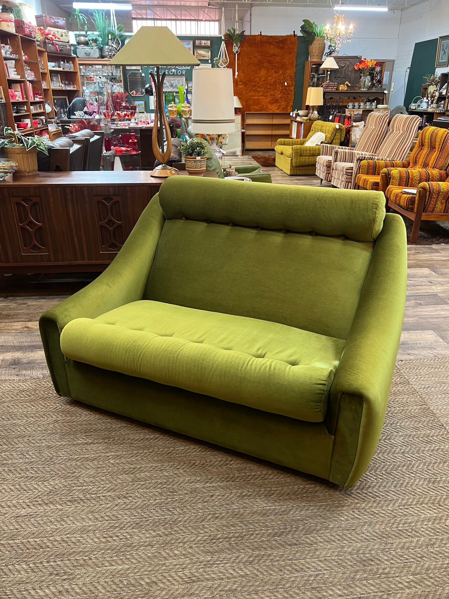 Dana Furniture 2 Seater Lounge | Olive Green Velour | Mid Century Modern Sofa
