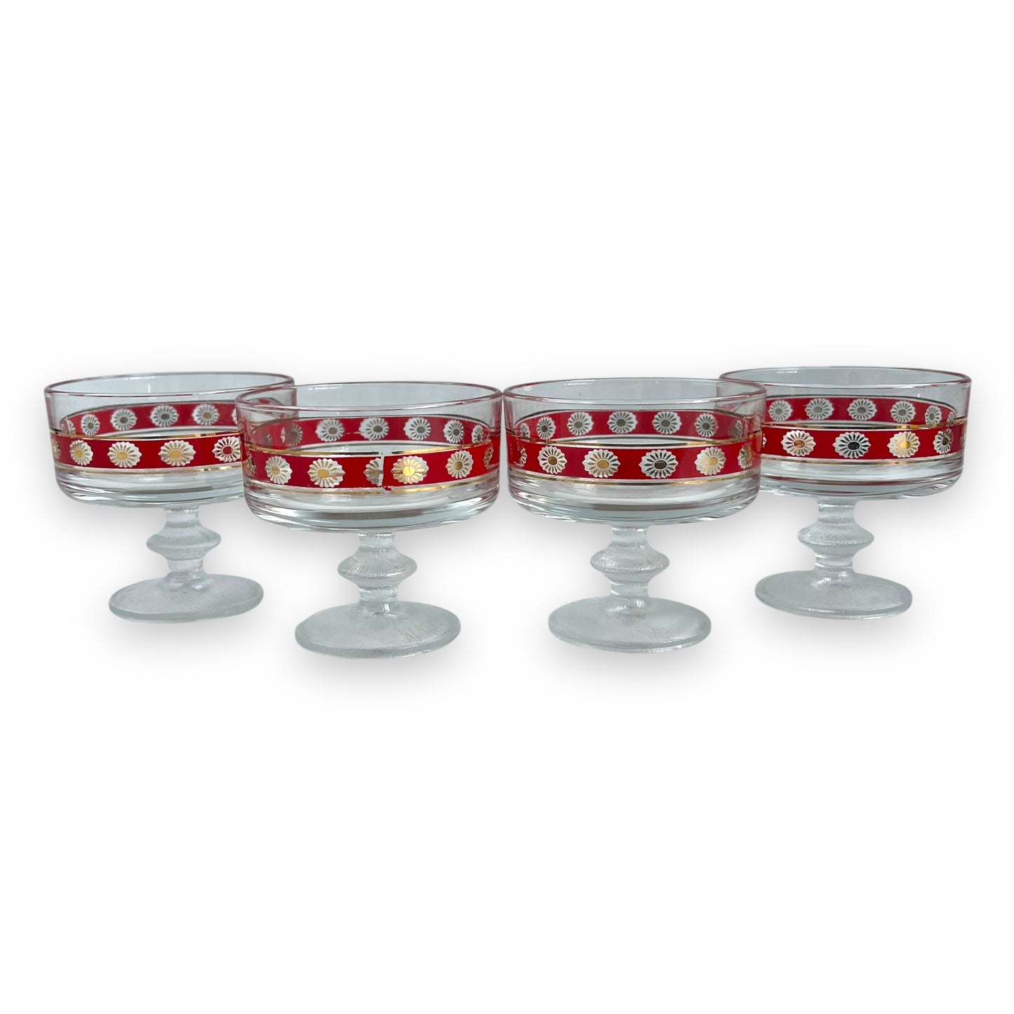 Red & Gold Patterned clear glass footed dessert dish set of 4