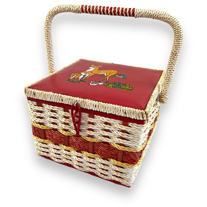 Vintage red and white sewing box with deer artwork