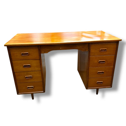 Mid-Century 8-Drawer Wooden Office Desk with Sculpted Handles