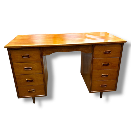 Mid-Century 8-Drawer Wooden Office Desk with Sculpted Handles
