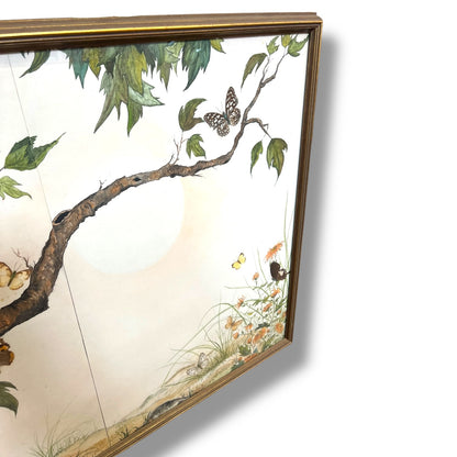 Large Framed Butterfly & Tree Artwork with Real Butterfly Wings — Signed M. Ginsberg, 1982