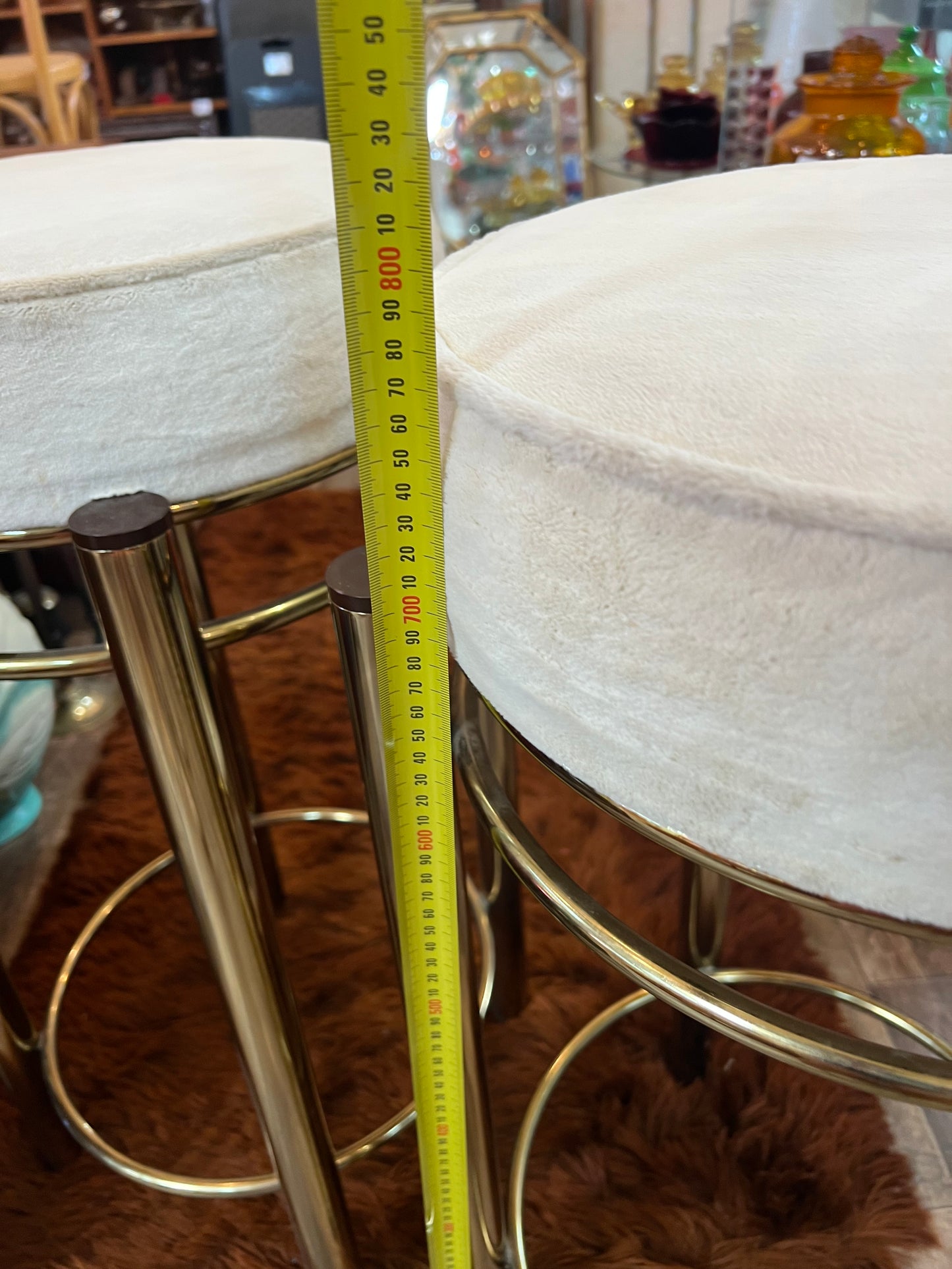 Pair of Vintage Brass Bar Stools with Cream Velvet Seats – Hollywood Regency Style