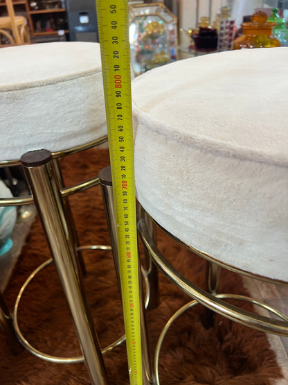 Pair of Vintage Brass Bar Stools with Cream Velvet Seats – Hollywood Regency Style