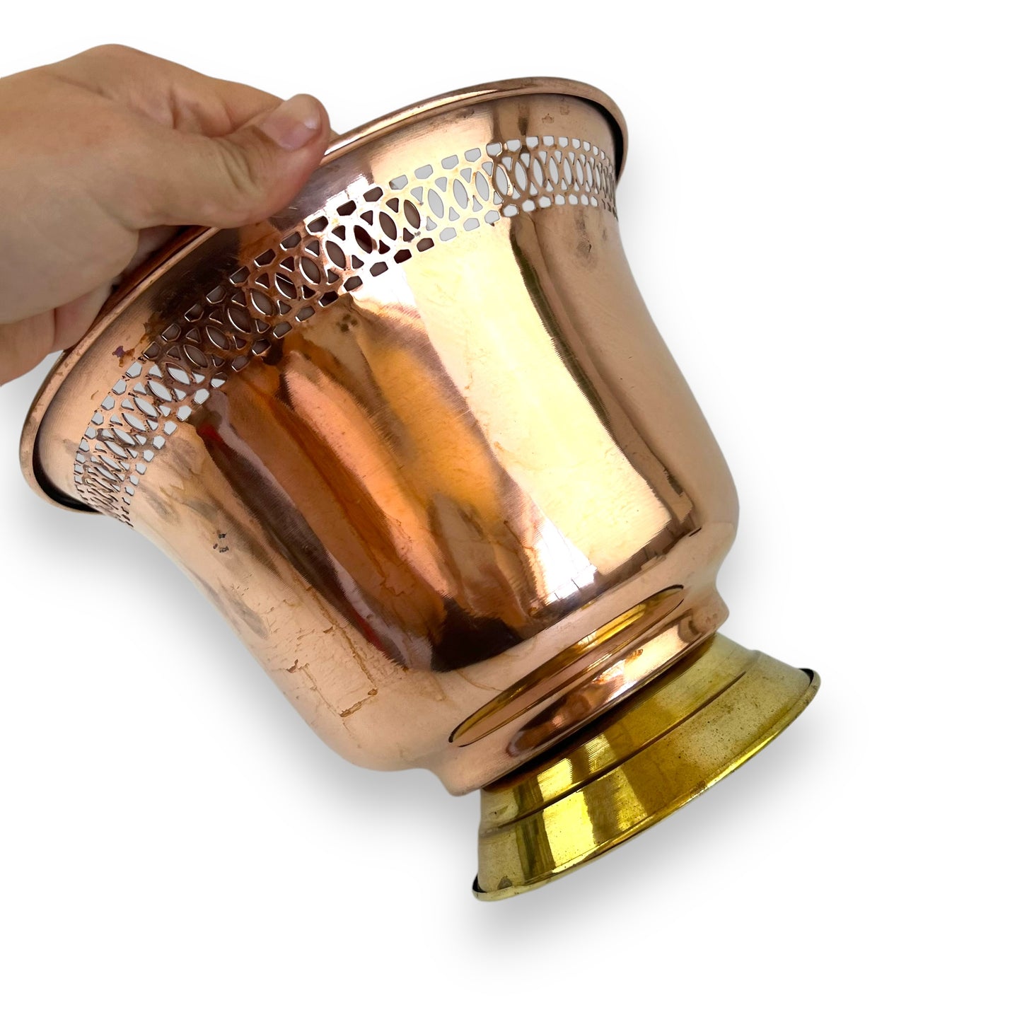 Copper Vase / Plant Pot with Intricate Cutout Design and Brass Base
