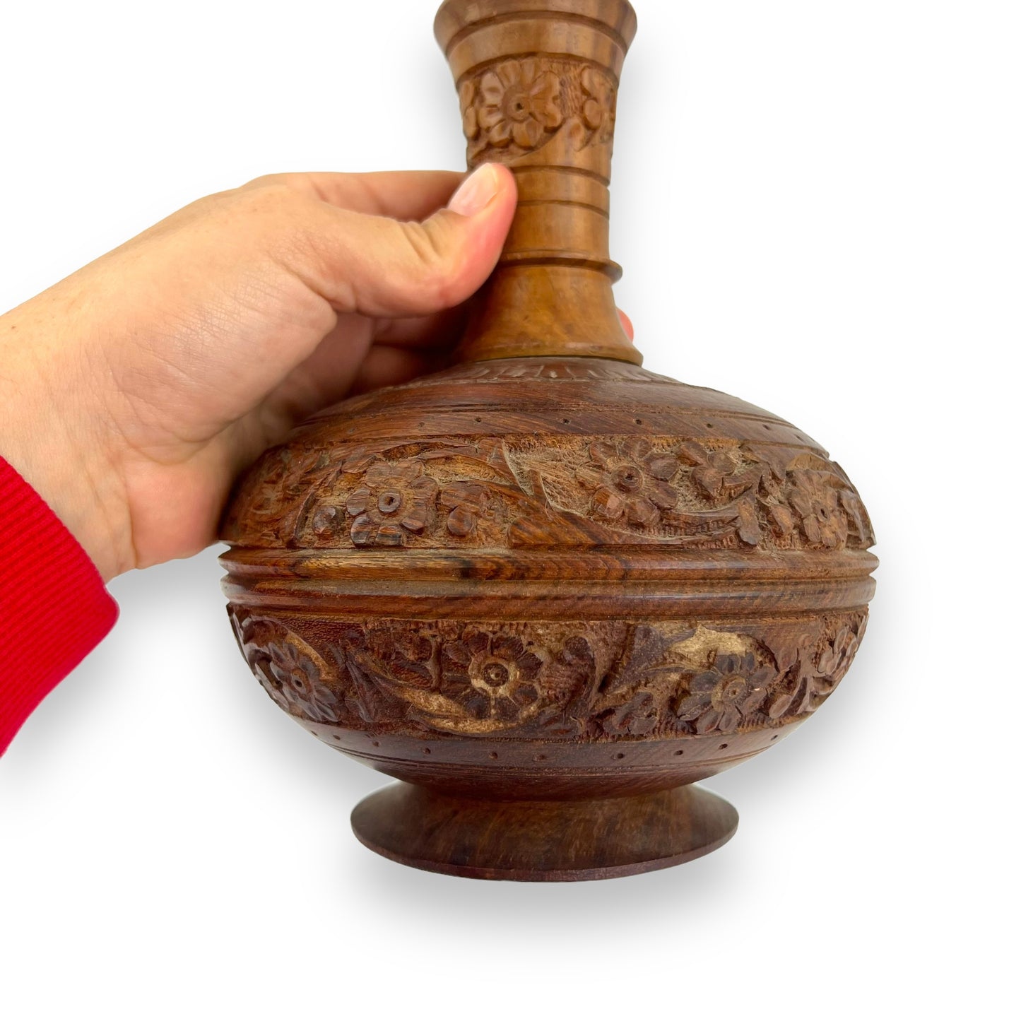 Wooden flower carved skinny neck vase