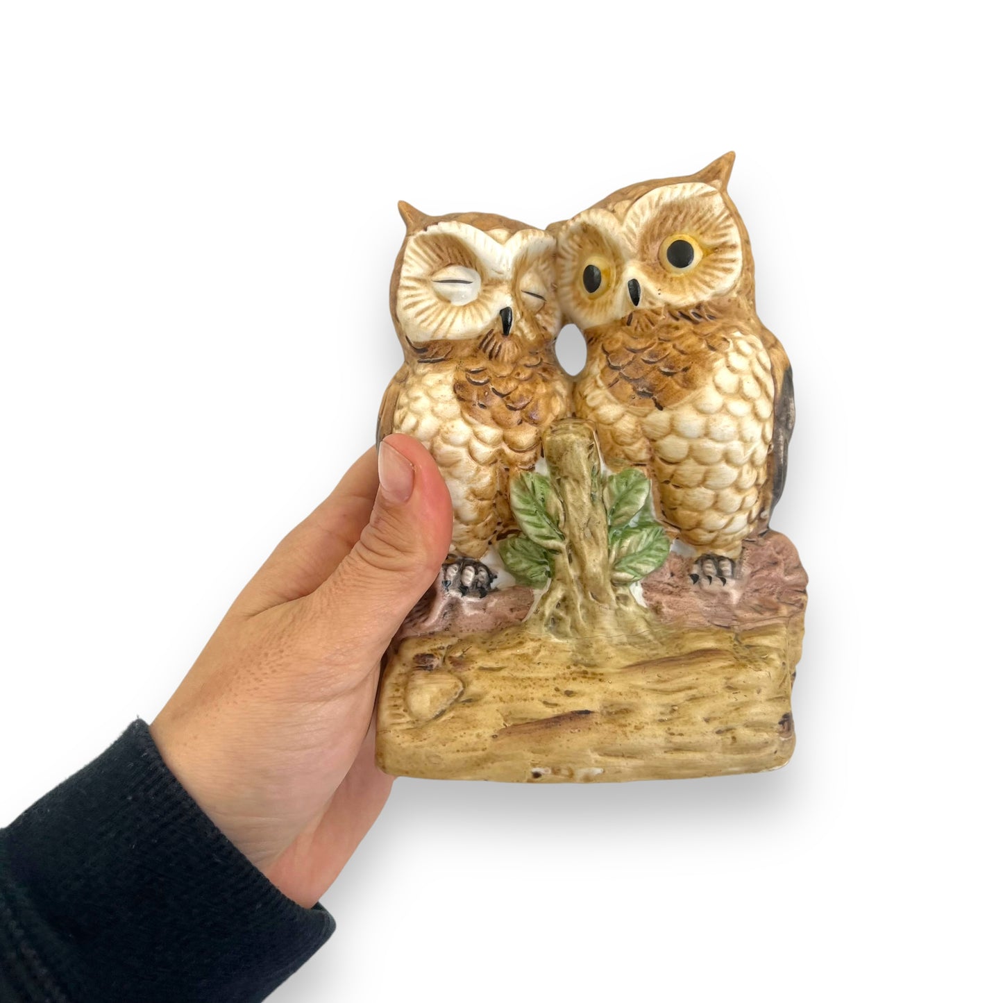 Flambro porcelain owls on a wooden log statue