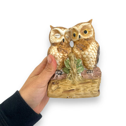 Flambro porcelain owls on a wooden log statue