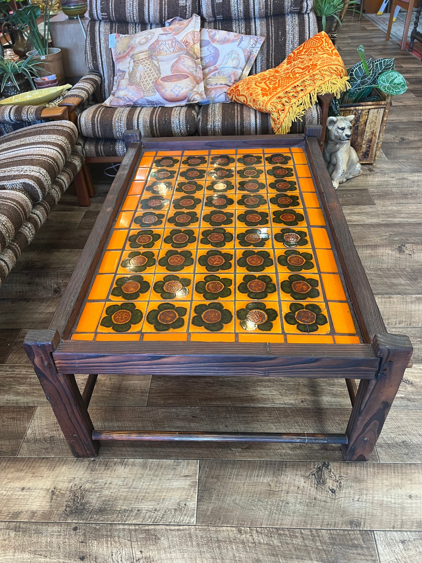 Retro Tile-Top Coffee Table – Orange & Brown Floral Ceramic Tiles
