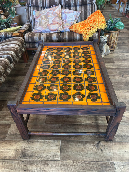 Retro Tile-Top Coffee Table – Orange & Brown Floral Ceramic Tiles