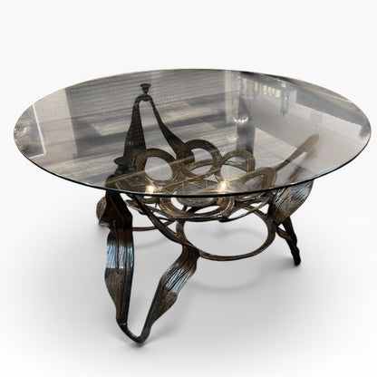 Mid Century Australian Brutalist Round Coffee Table with Smoked Glass Top