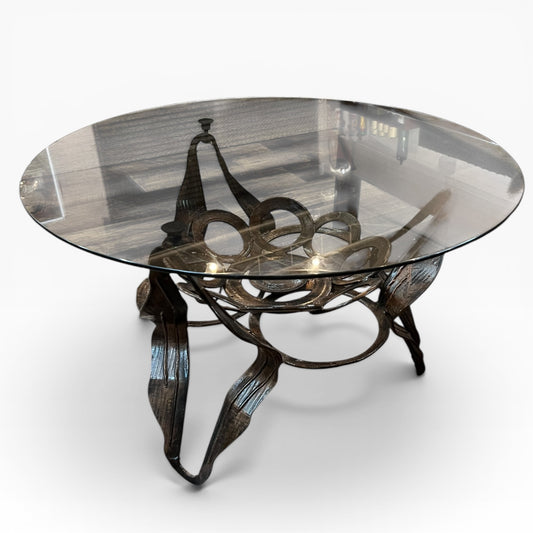 Mid Century Australian Brutalist Round Coffee Table with Smoked Glass Top