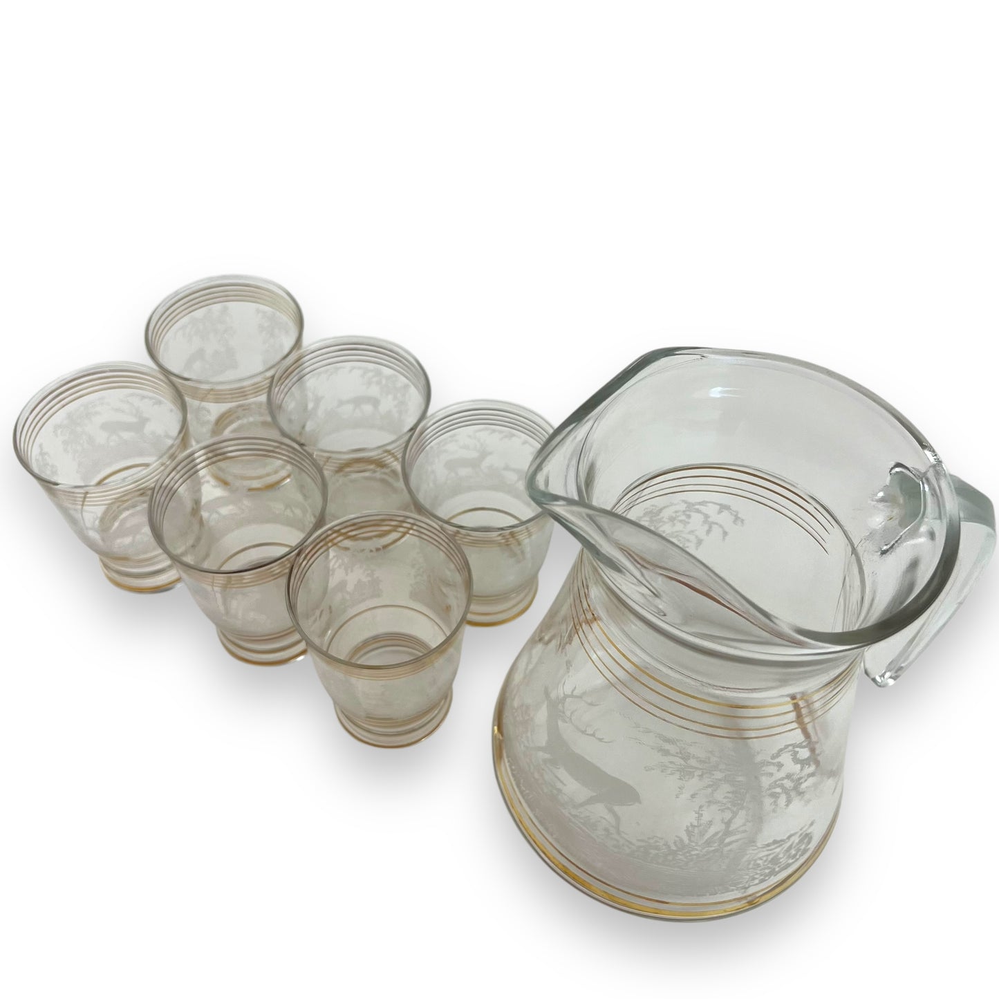 Glass Jug & 6 Cups with gold bands and etched deer/elk pattern