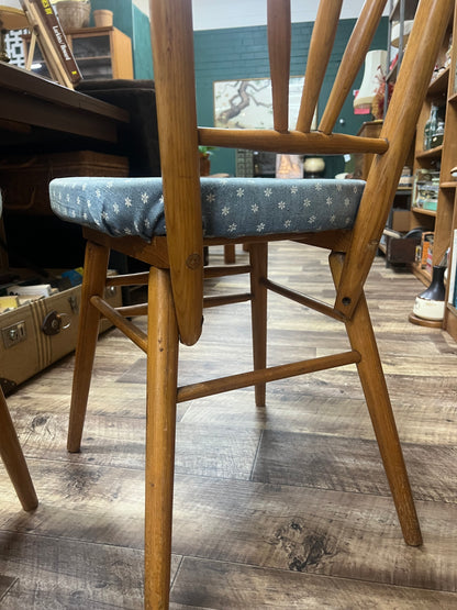 Pair of Timber Dining Chairs with Blue Patterned Upholstered Seats