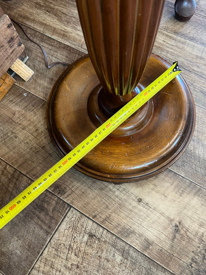 Timber Floor Lamp with Blue Scalloped Shade