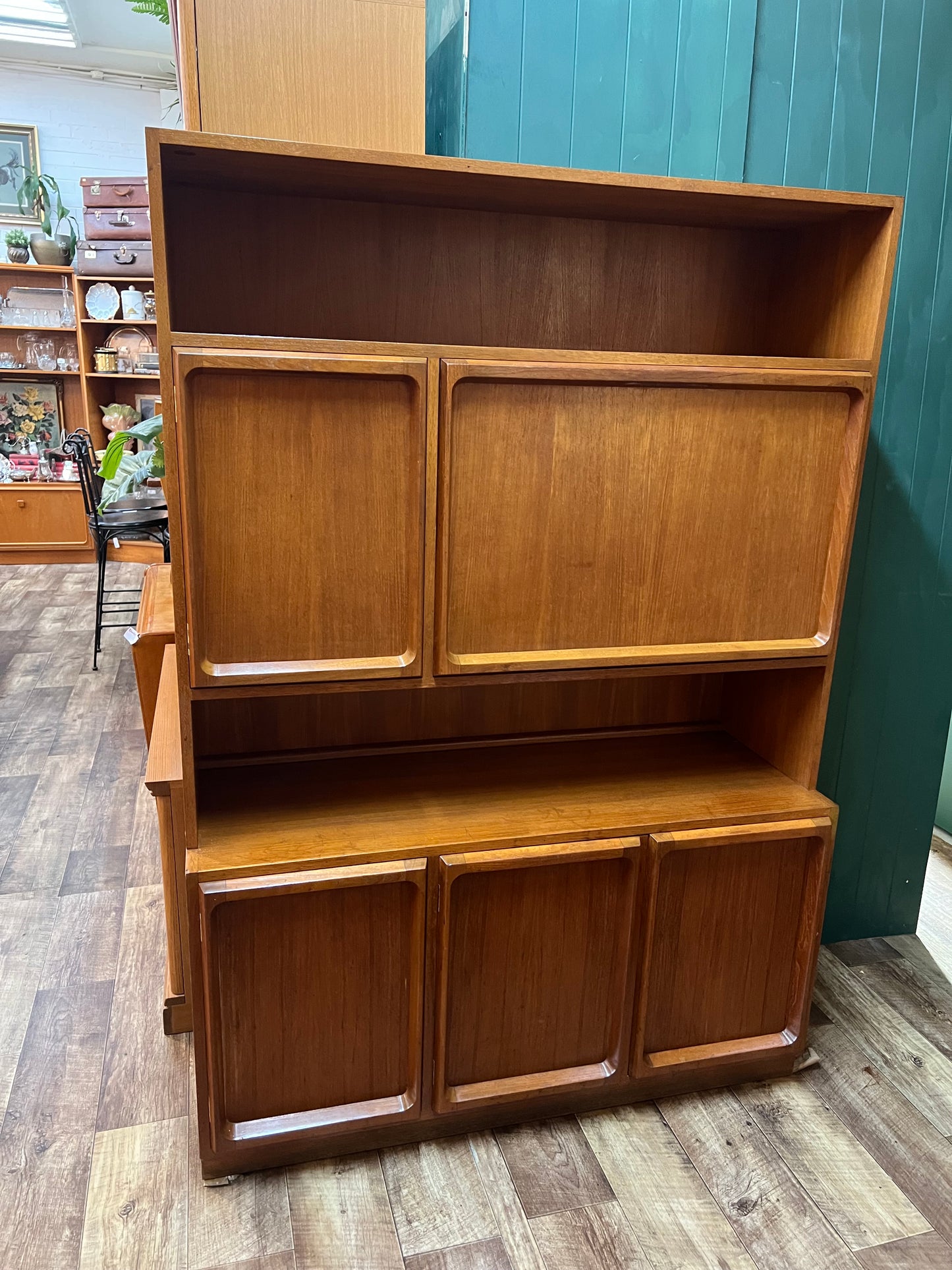 Macrob Mid Century Teak Pull-Down Bar Cabinet Display Unit