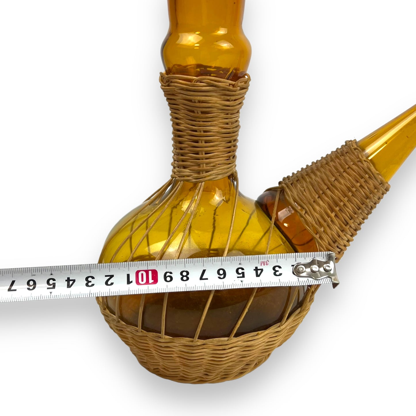 Vintage 1950s Amber Glass Woven Rattan Porron Spanish Decanter - Missing Stopper