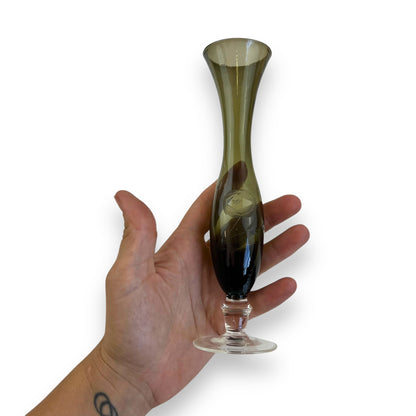 Smoked Glass Bud Vase – Handblown Olive Green Etched Glass Vase with Clear Stem