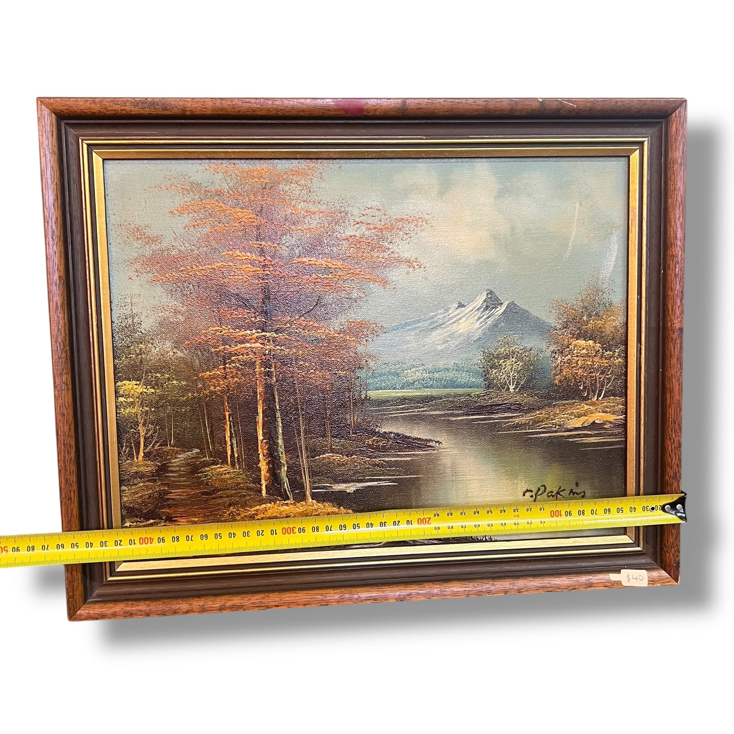Autumn Forest by the Lake with Snow-Capped Mountains – Signed Reproduction by R. Pakins