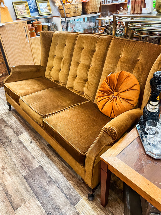Golden Brown Velvet 3-Seater Sofa with Button Back