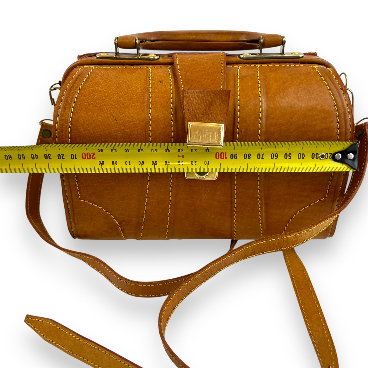 Structured Tan Leather Bag with Top Handle and Strap