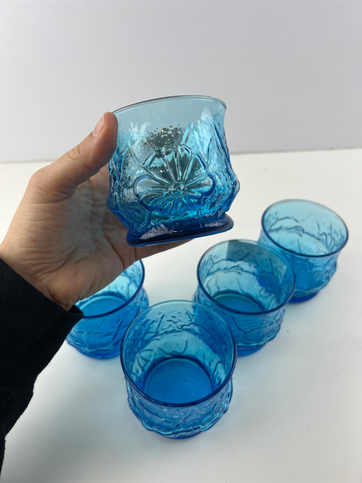 Anchor Hocking Rainflower Laser Blue Glasses- Set of 5 Vintage 1970s