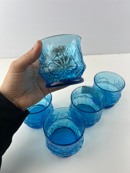 Anchor Hocking Rainflower Laser Blue Glasses- Set of 5 Vintage 1970s