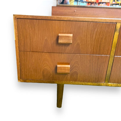 Mid Century Teak Veneer Dressing Table with Large Mirror and 6 Drawers