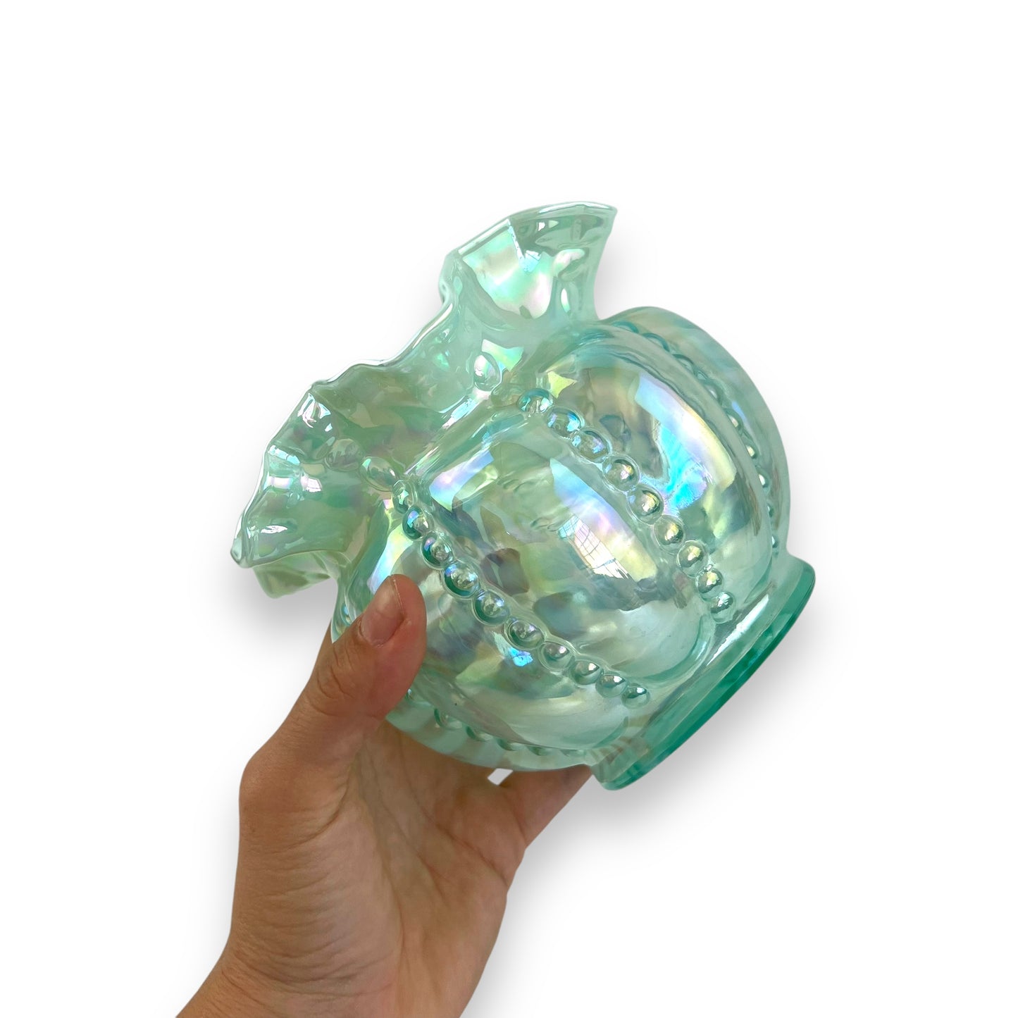 Fenton Opalescent Optic Sea Mist Green Beaded Melon Vase - Iridescent Ruffled Edge