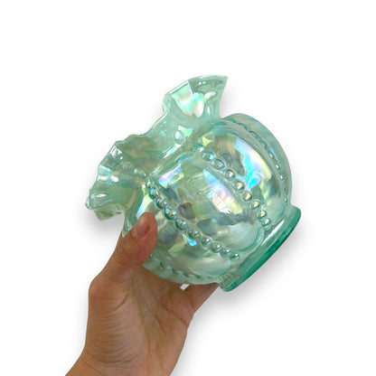 Fenton Opalescent Optic Sea Mist Green Beaded Melon Vase - Iridescent Ruffled Edge
