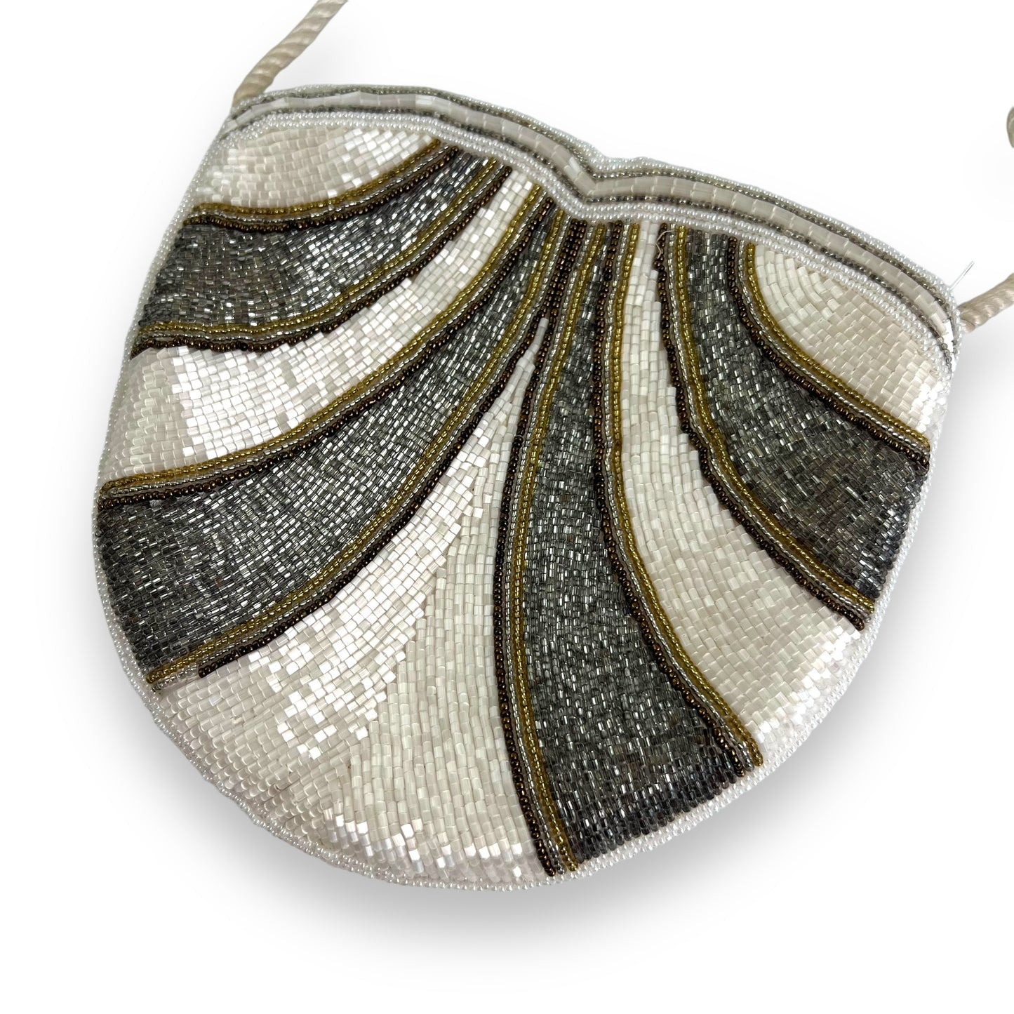 Silver, white & Gold Beaded evening Bag with white cord should strap