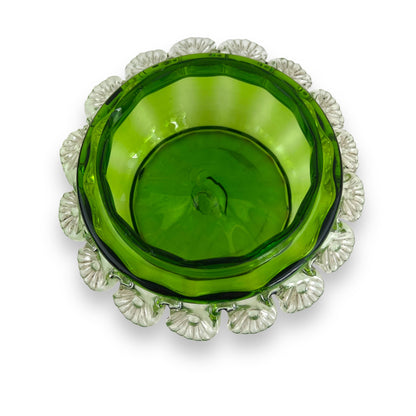 Green glass bowl dish with clear frill edge