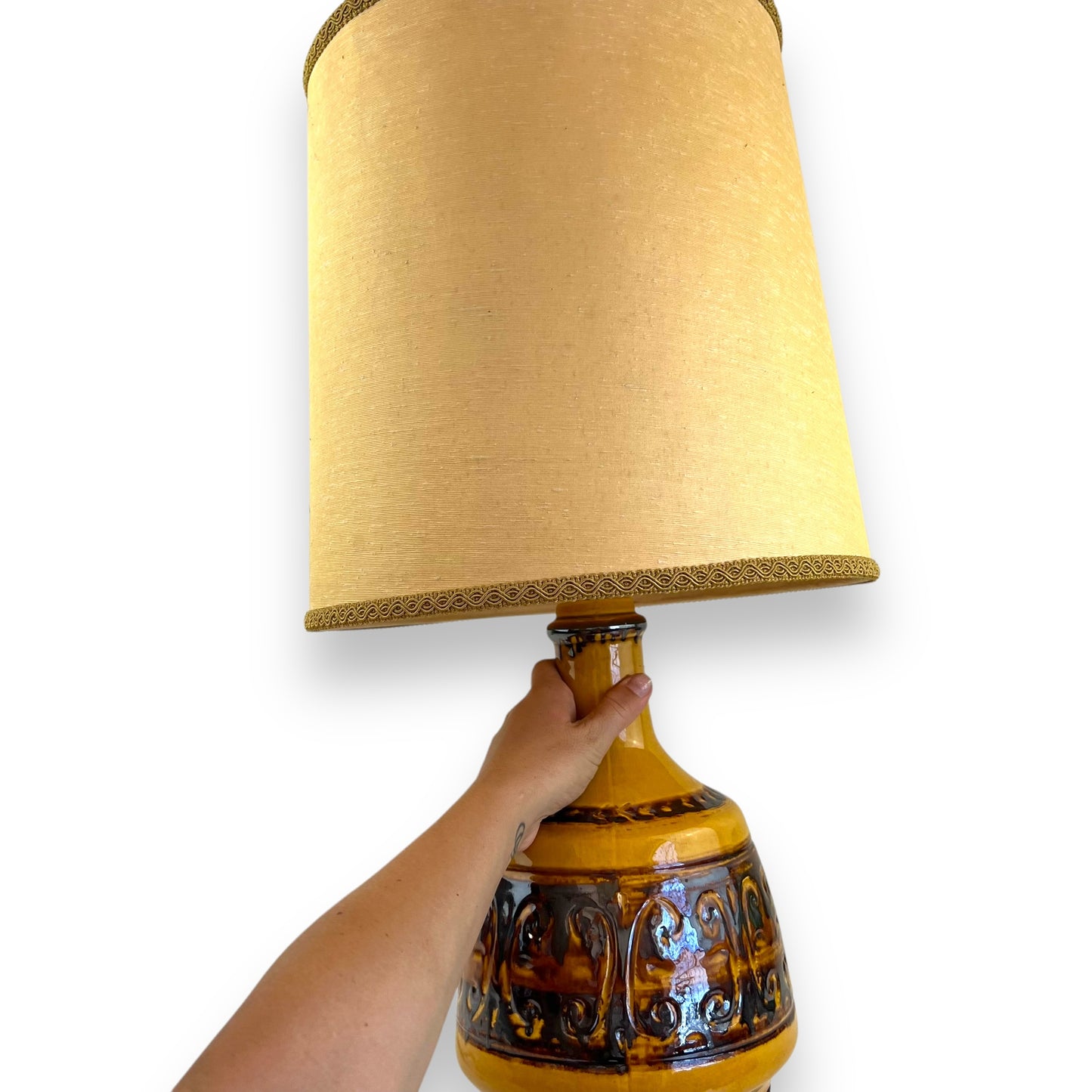 Mid-Century Mustard Orange Glazed Ceramic Lamp with Original Shade