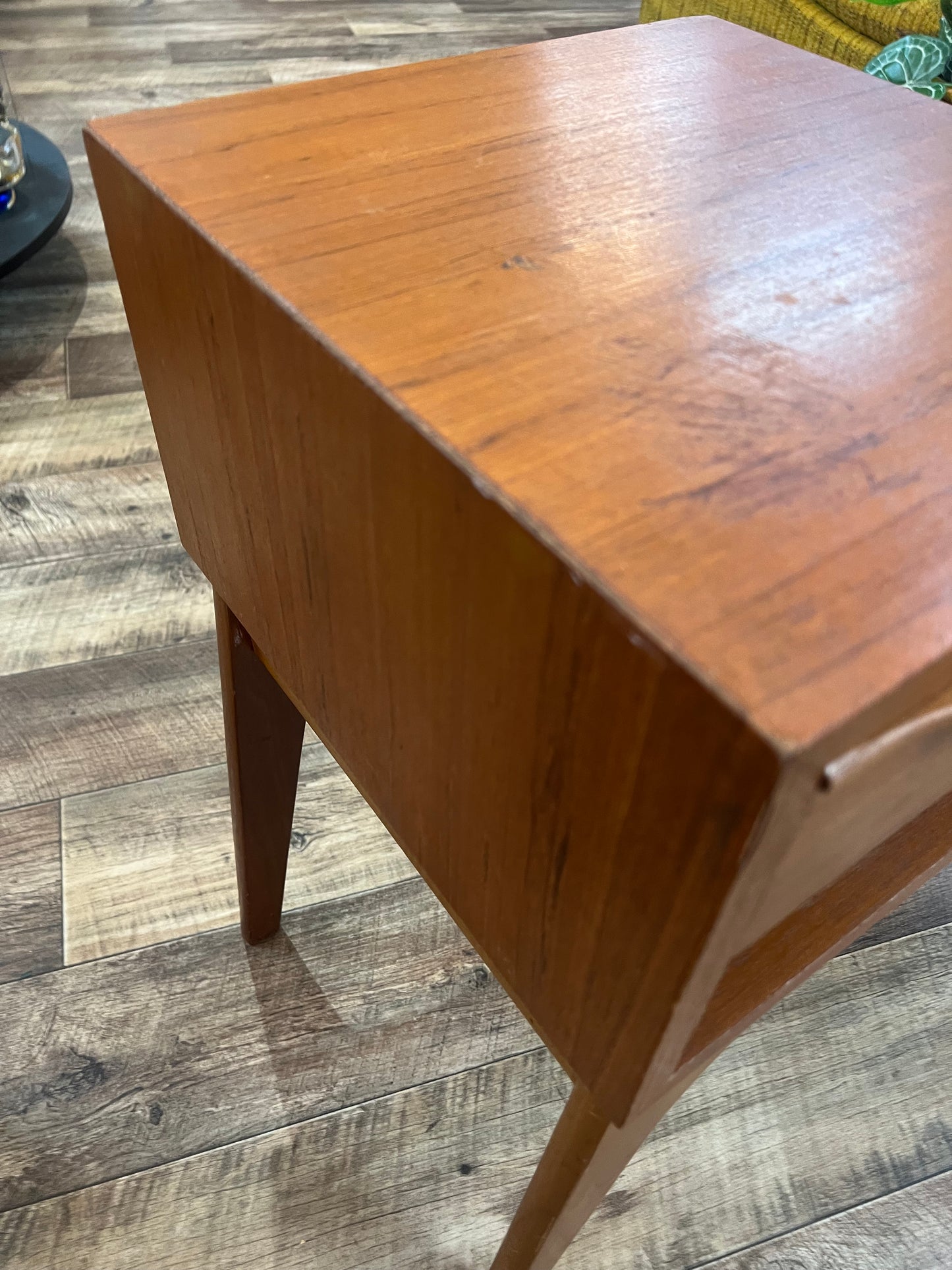 Teak Telephone Bench Seat with Black Vinyl Cushion