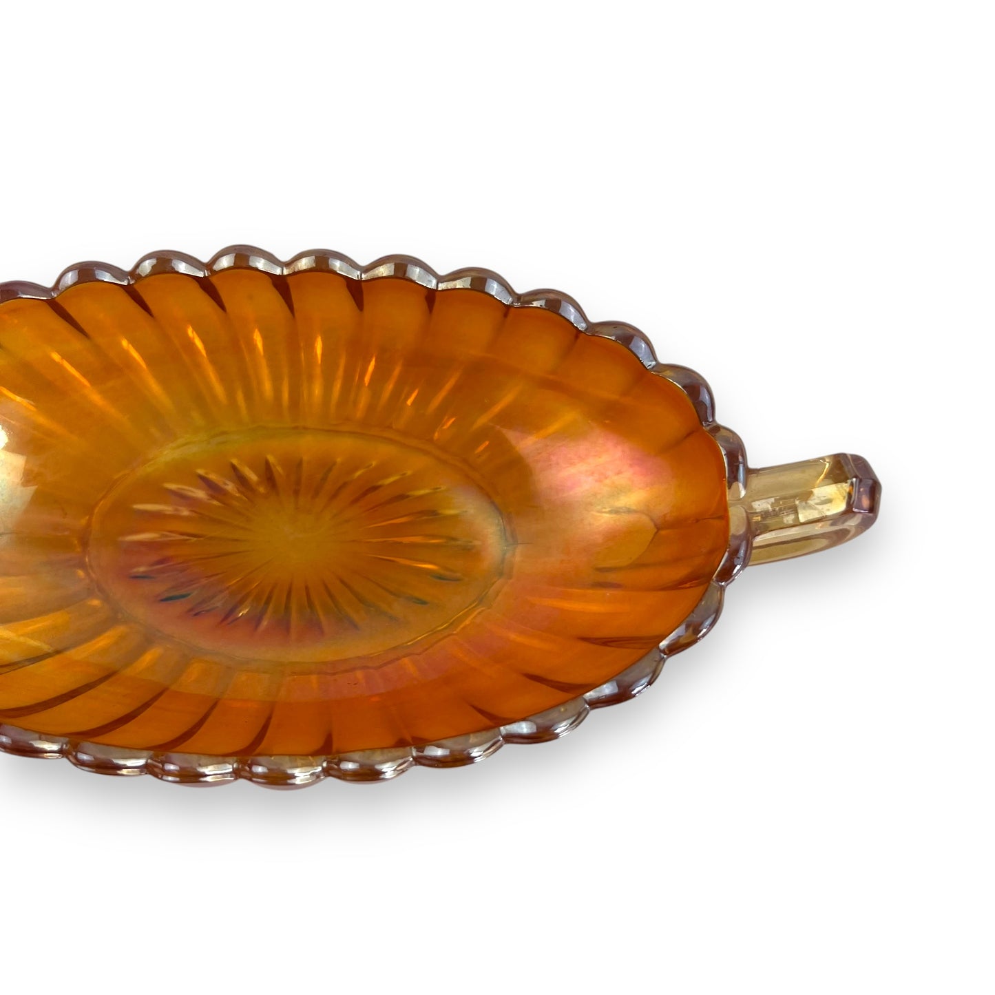 Carnival Glass, twin-handled oval dish in the "Marigold" color