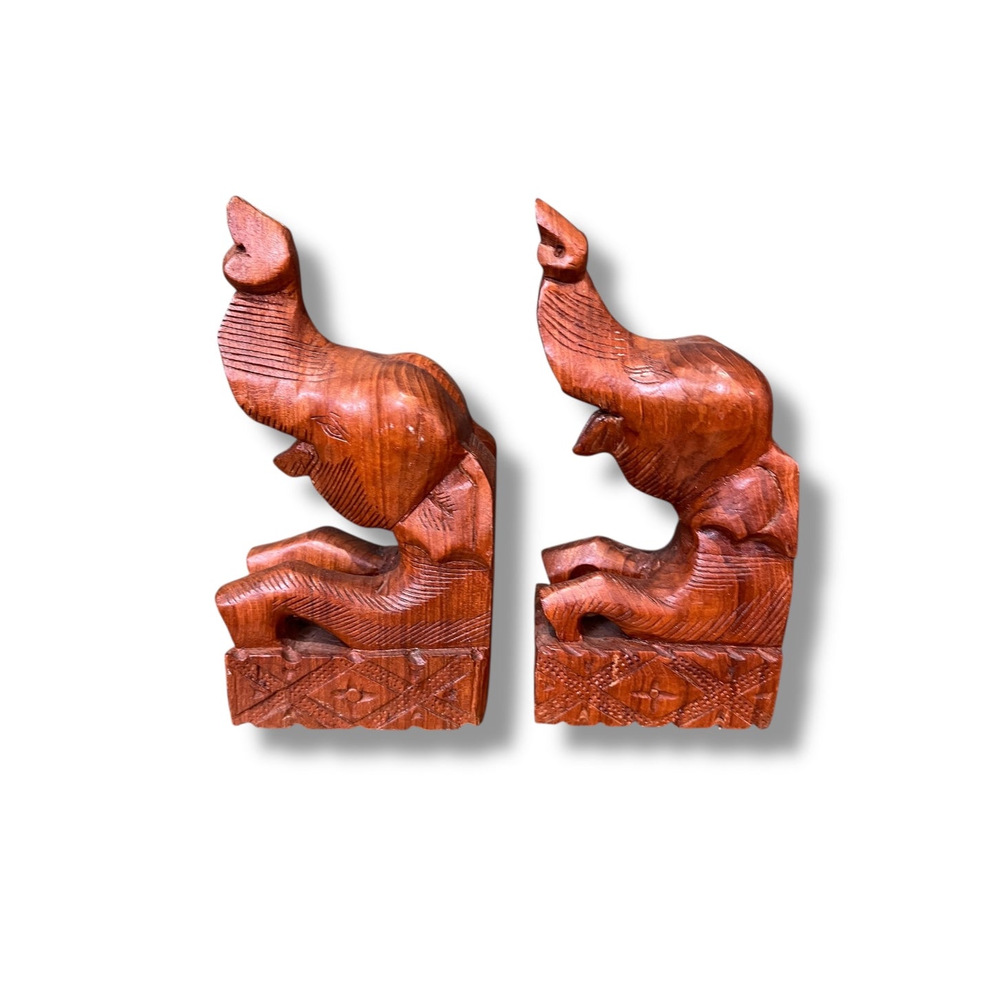 Hand-Carved Wooden Elephant Bookends — Pair