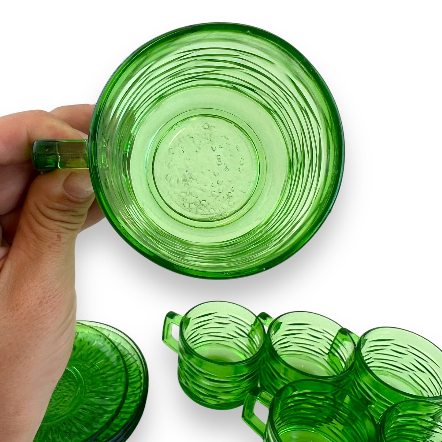Green glass teacups x6 and 5 matching source plates - made in France
