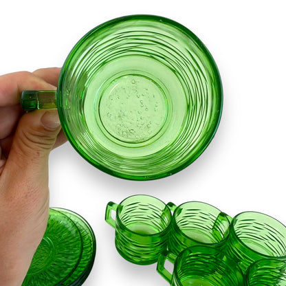 Green glass teacups x6 and 5 matching source plates - made in France