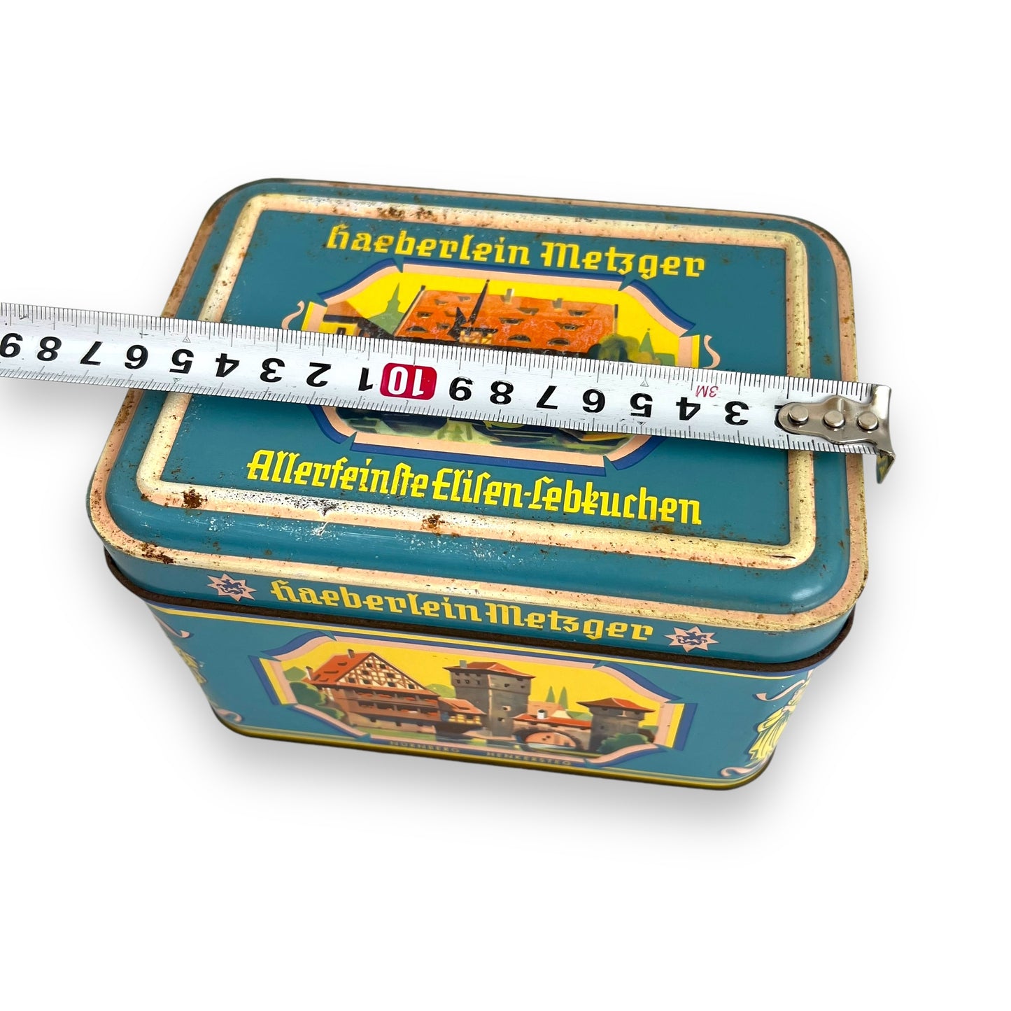 Vintage tin can Haeberlein Butcher Nuremberg gingerbread turquoise