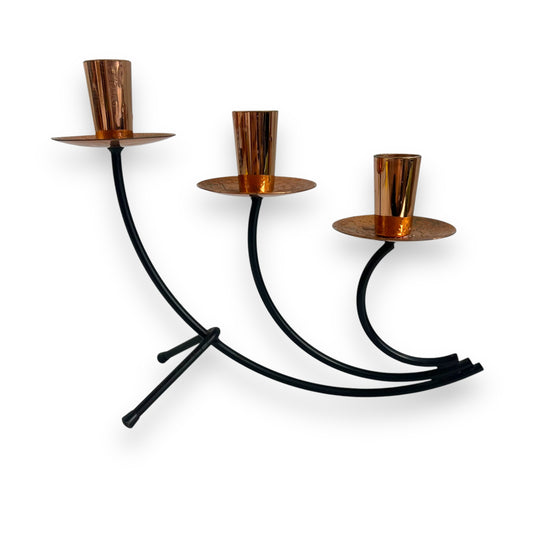MCM 3-Arm Candle Holder with Copper Detailing | Vintage Metal Candelabra