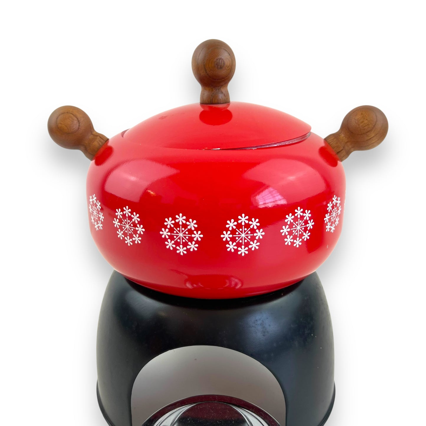 Red & Black Enamel Fondue Pot – Snowflake Design