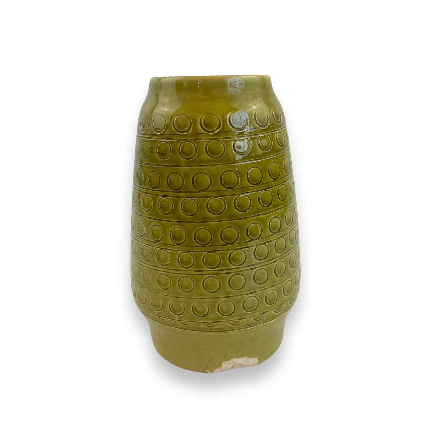 West German Pottery Vase - Stamped 657-14, Olive Green with Embossed Circle Design