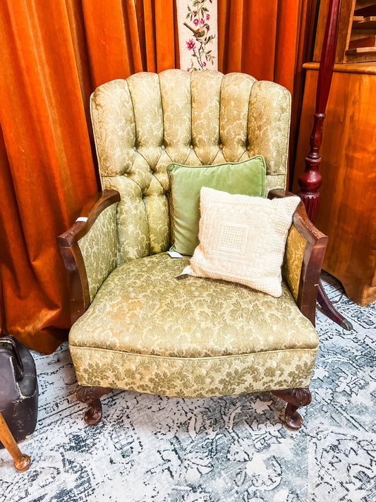 Antique Tufted Armchair – Ornate Timber Frame