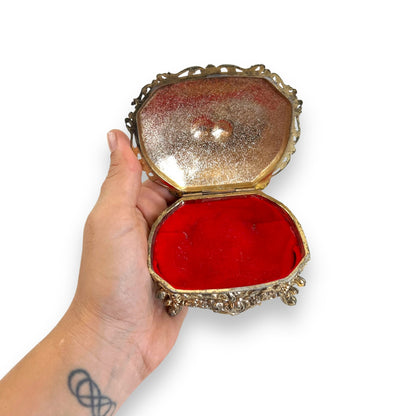 Ornate Jewelry Box – Made in Japan – Gold Tone Metal with Red Velvet Lining